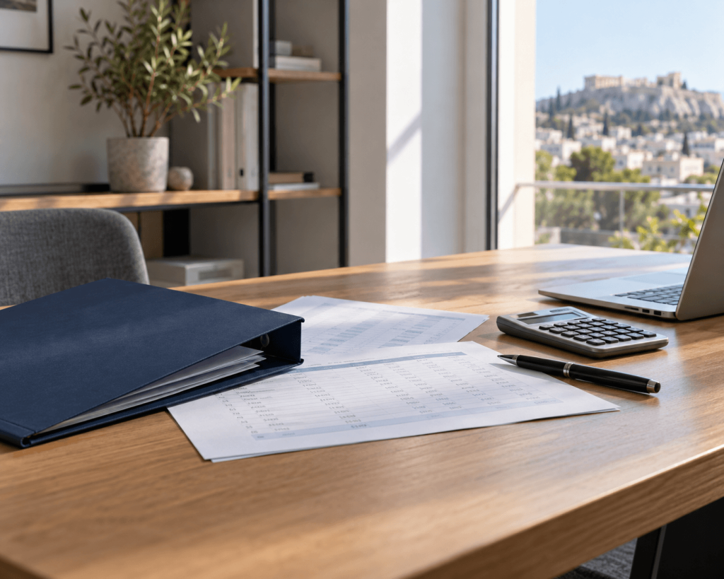 Accounting tools and a client folder on a desk in an Athens office