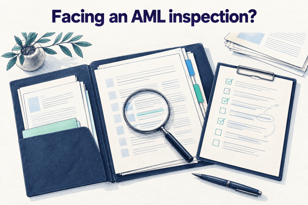 Facing an AML inspection? — Illustration of a document folder, checklist and magnifying glass