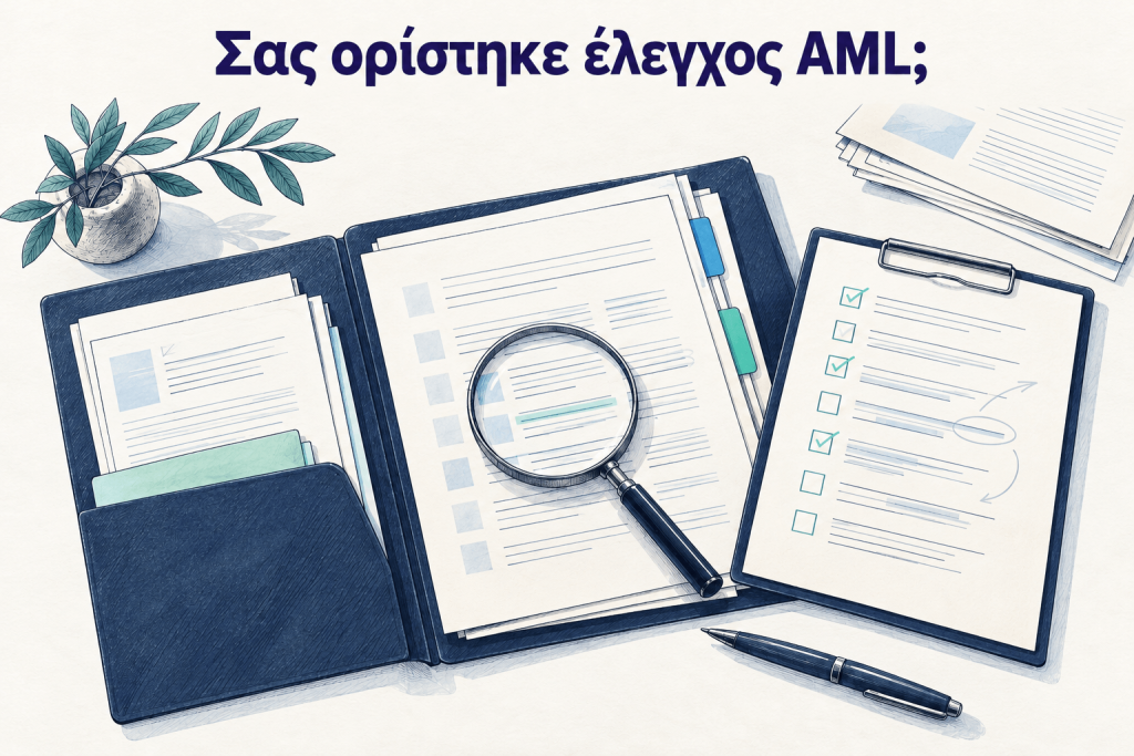 Σας ορίστηκε έλεγχος AML; — Σκίτσο φακέλου, λίστας ελέγχου και μεγεθυντικού φακού