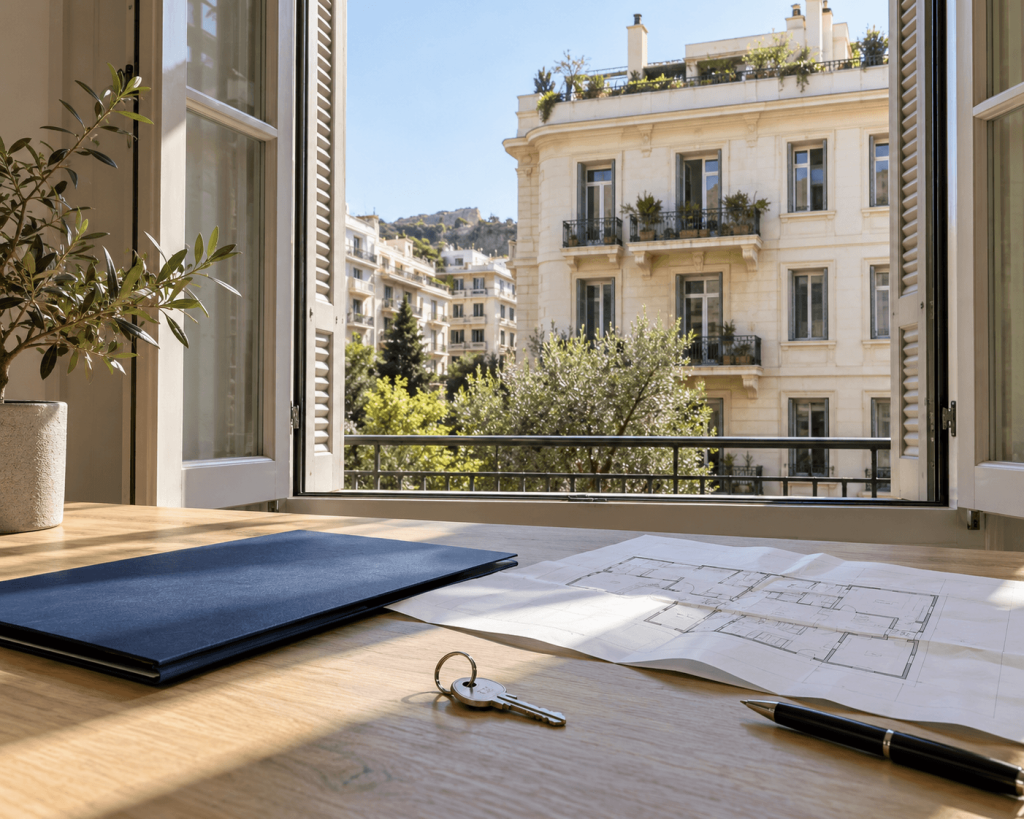 A client folder and property floor plan in a bright office overlooking Athens
